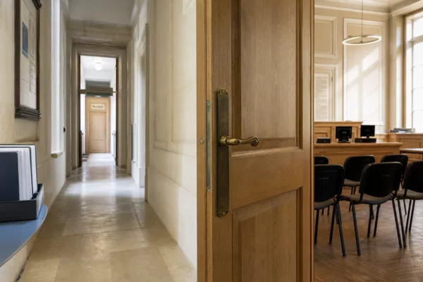 Couloir clair d’un bâtiment institutionnel français avec porte sobre et salle d’audition discrète en arrière-plan.