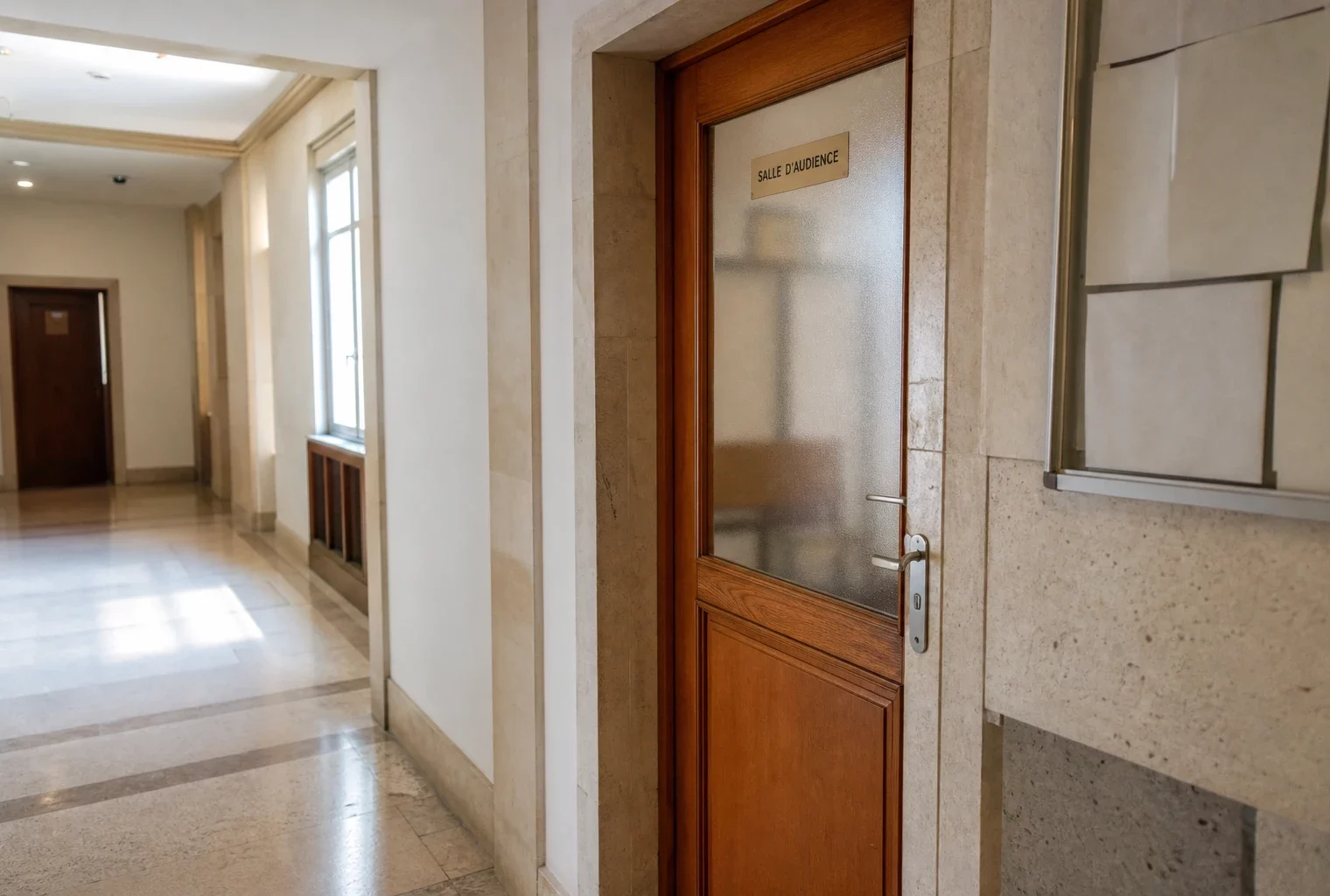 Couloir clair d’un bâtiment de justice, avec porte sobre de salle d’audition et lumière naturelle