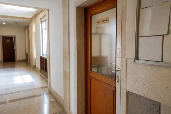 Couloir clair d’un bâtiment de justice, avec porte sobre de salle d’audition et lumière naturelle