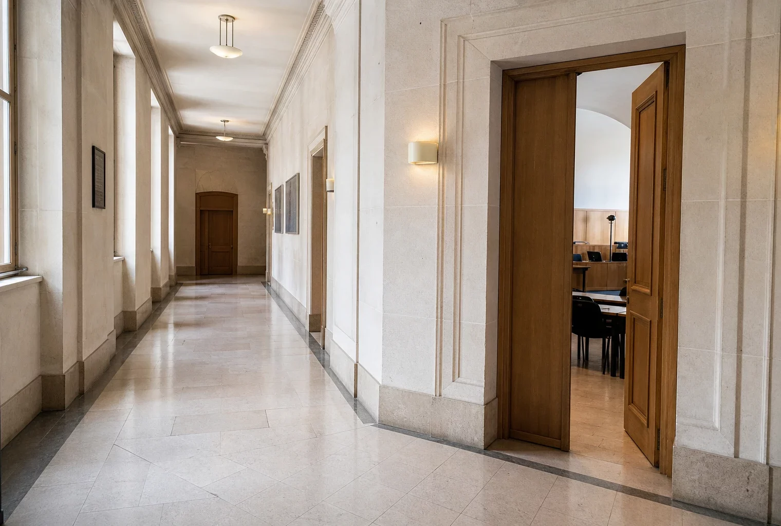 Couloir lumineux d’un bâtiment judiciaire français menant à une salle d’audition, en style photo de presse.
