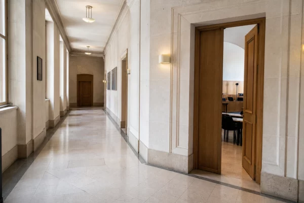 Couloir lumineux d’un bâtiment judiciaire français menant à une salle d’audition, en style photo de presse.