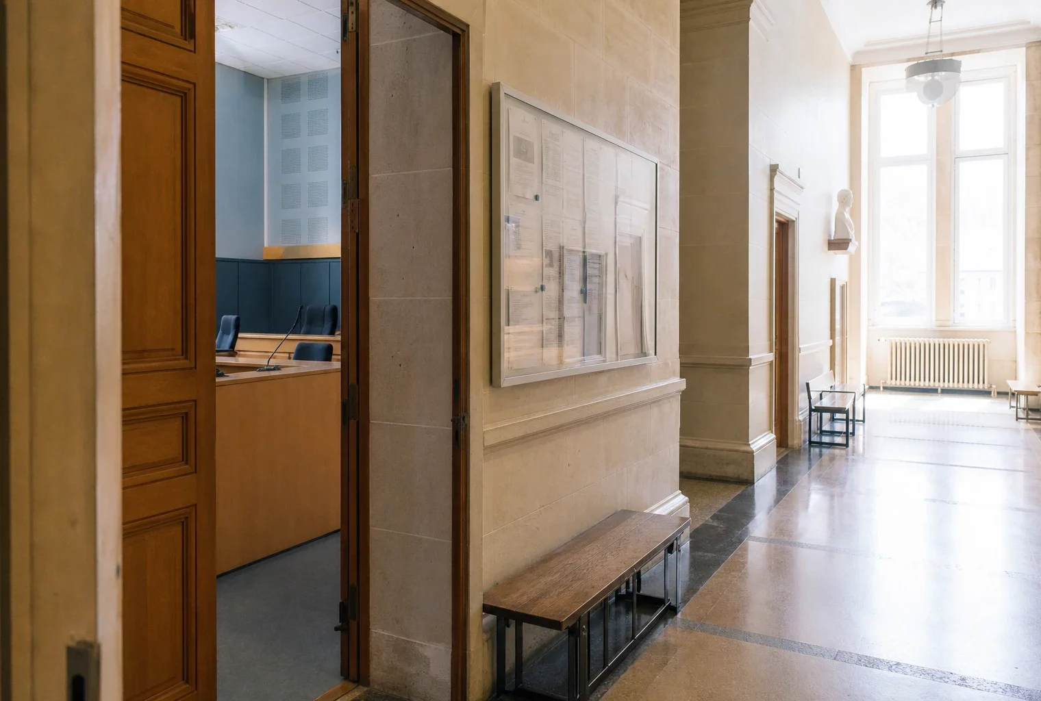 Couloir clair d’un bâtiment judiciaire français, porte ouverte et salle d’audition discrète en arrière-plan.