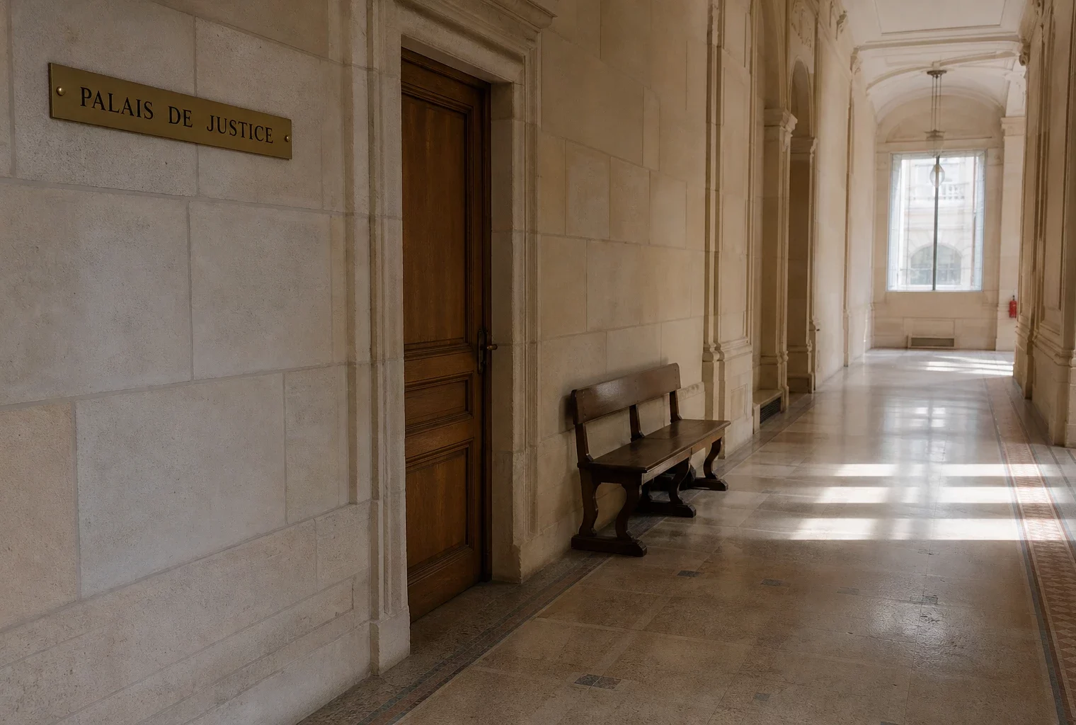 Couloir clair d’un palais de justice français, vide et photographié en lumière naturelle