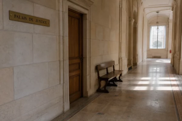 Couloir clair d’un palais de justice français, vide et photographié en lumière naturelle