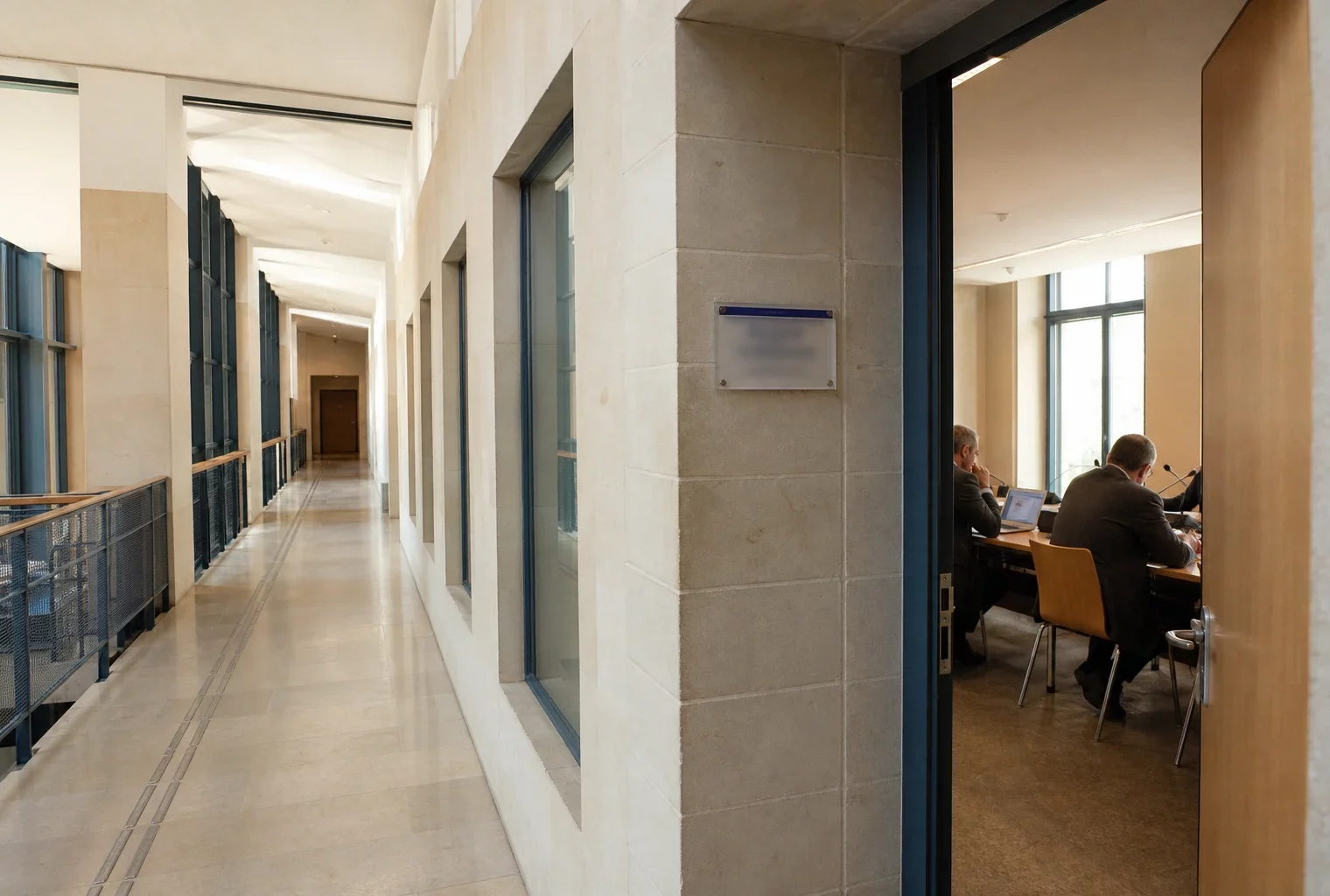 Couloir clair d’un bâtiment institutionnel français, avec porte de salle d’audition et ambiance administrative sobre.