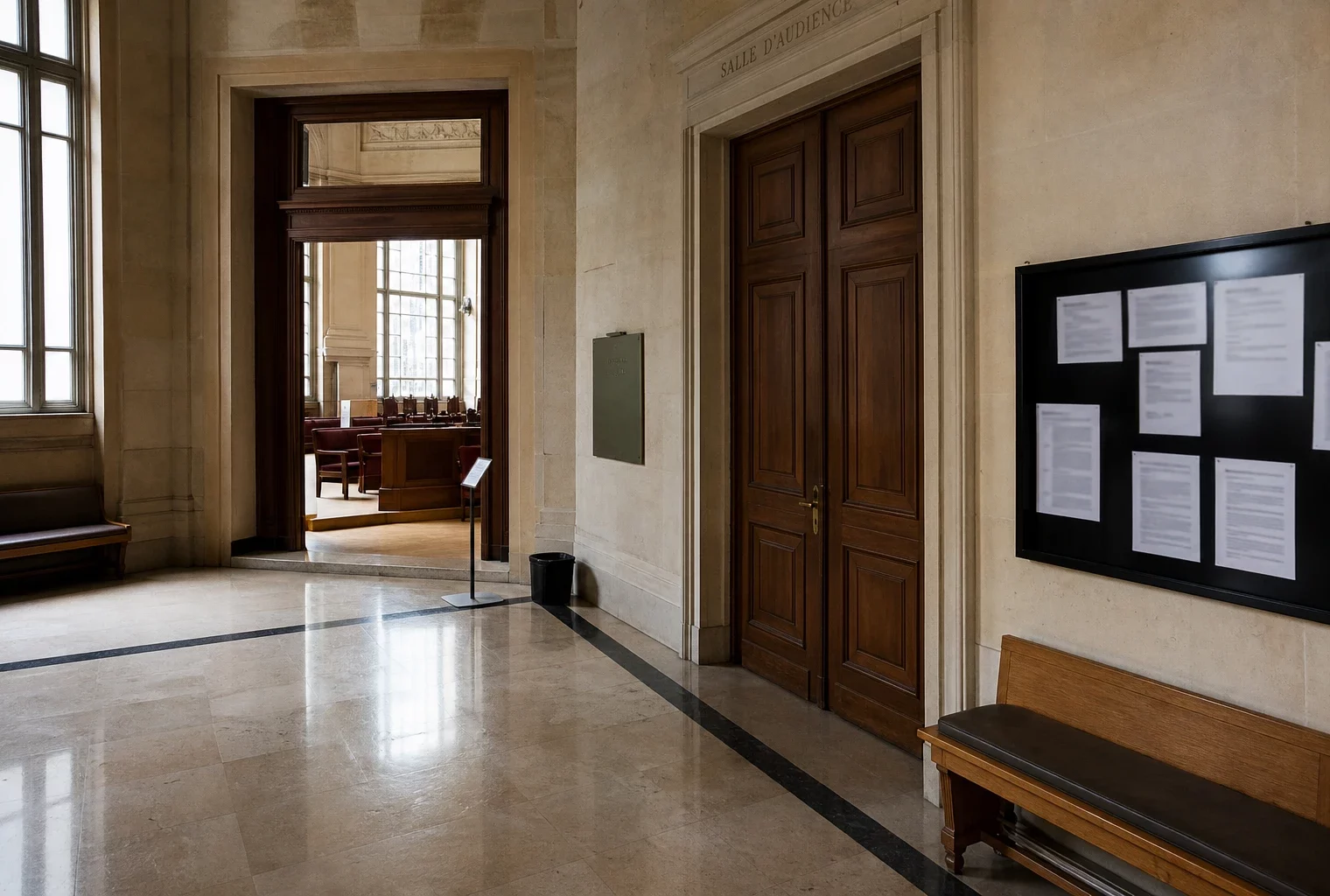 Couloir lumineux de cour d’appel française, marbre et portes closes, ambiance institutionnelle avant un verdict