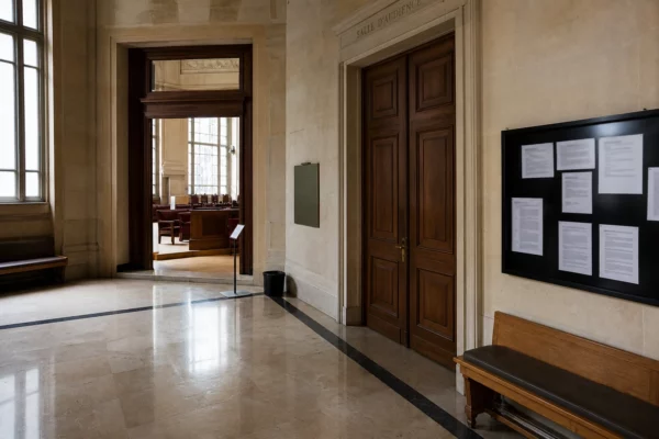 Couloir lumineux de cour d’appel française, marbre et portes closes, ambiance institutionnelle avant un verdict