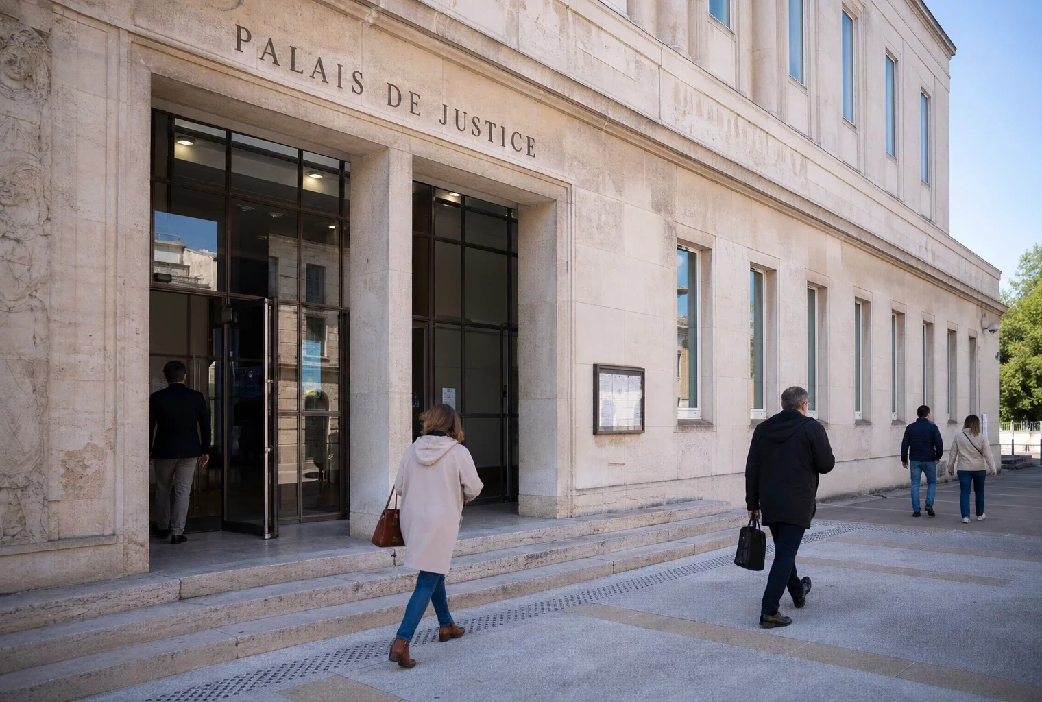 Façade d’un palais de justice français en plein jour, avec quelques passants anonymes et une ambiance institutionnelle calme.