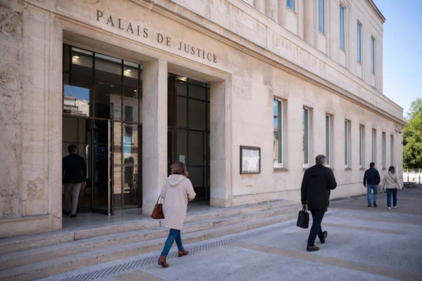 Façade d’un palais de justice français en plein jour, avec quelques passants anonymes et une ambiance institutionnelle calme.