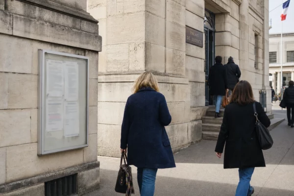 Façade d’un palais de justice français avec silhouettes anonymes et ambiance de reportage calme en journée.