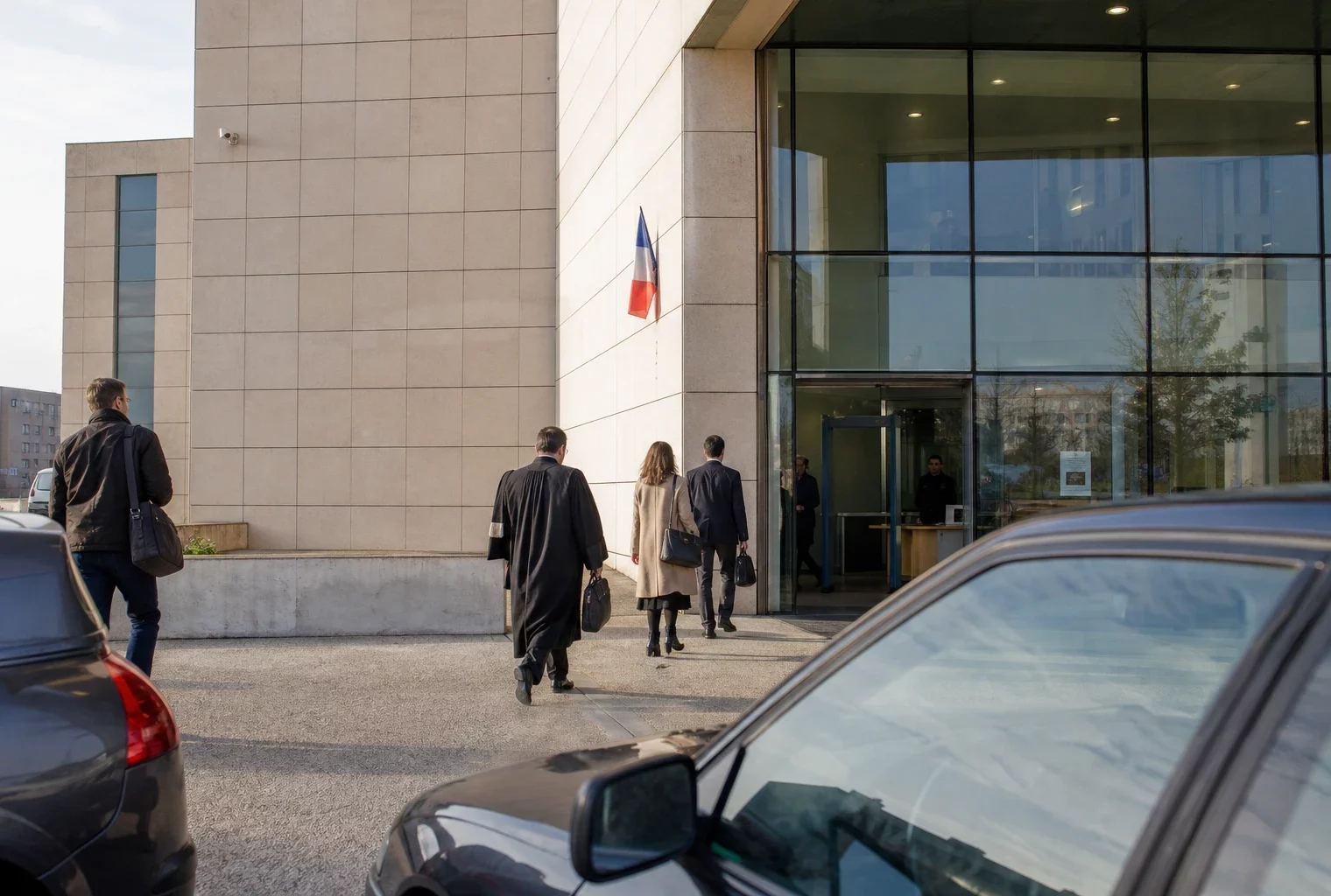 Devant un tribunal français, des silhouettes anonymes circulent dans une ambiance calme et documentaire.