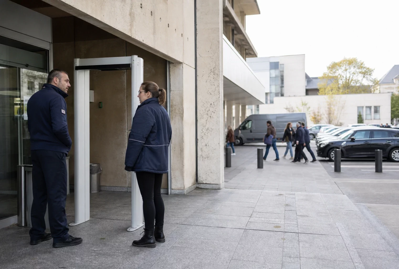 Point de sécurité calme devant un tribunal français, avec silhouettes anonymes et bâtiment institutionnel en journée.