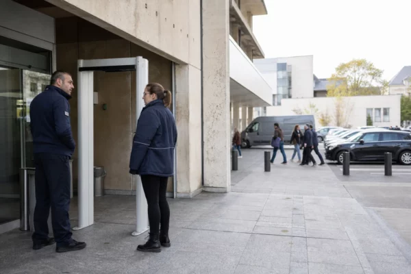Point de sécurité calme devant un tribunal français, avec silhouettes anonymes et bâtiment institutionnel en journée.