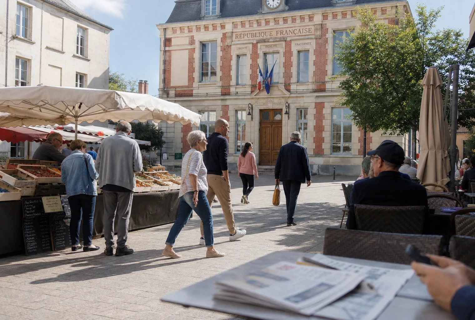 Scène de vie française devant une mairie de ville moyenne, avec passants anonymes et ambiance de marché.