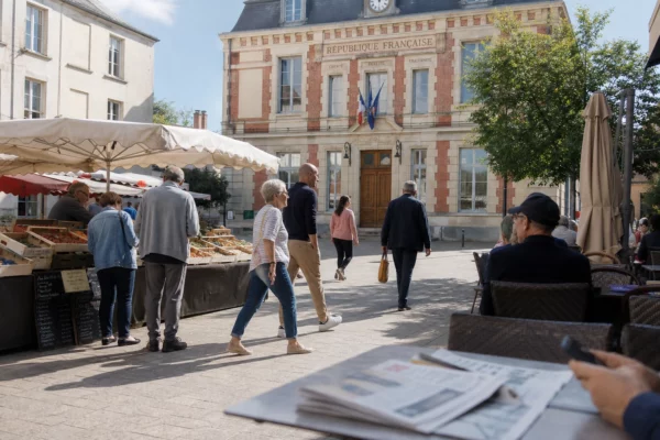 Scène de vie française devant une mairie de ville moyenne, avec passants anonymes et ambiance de marché.