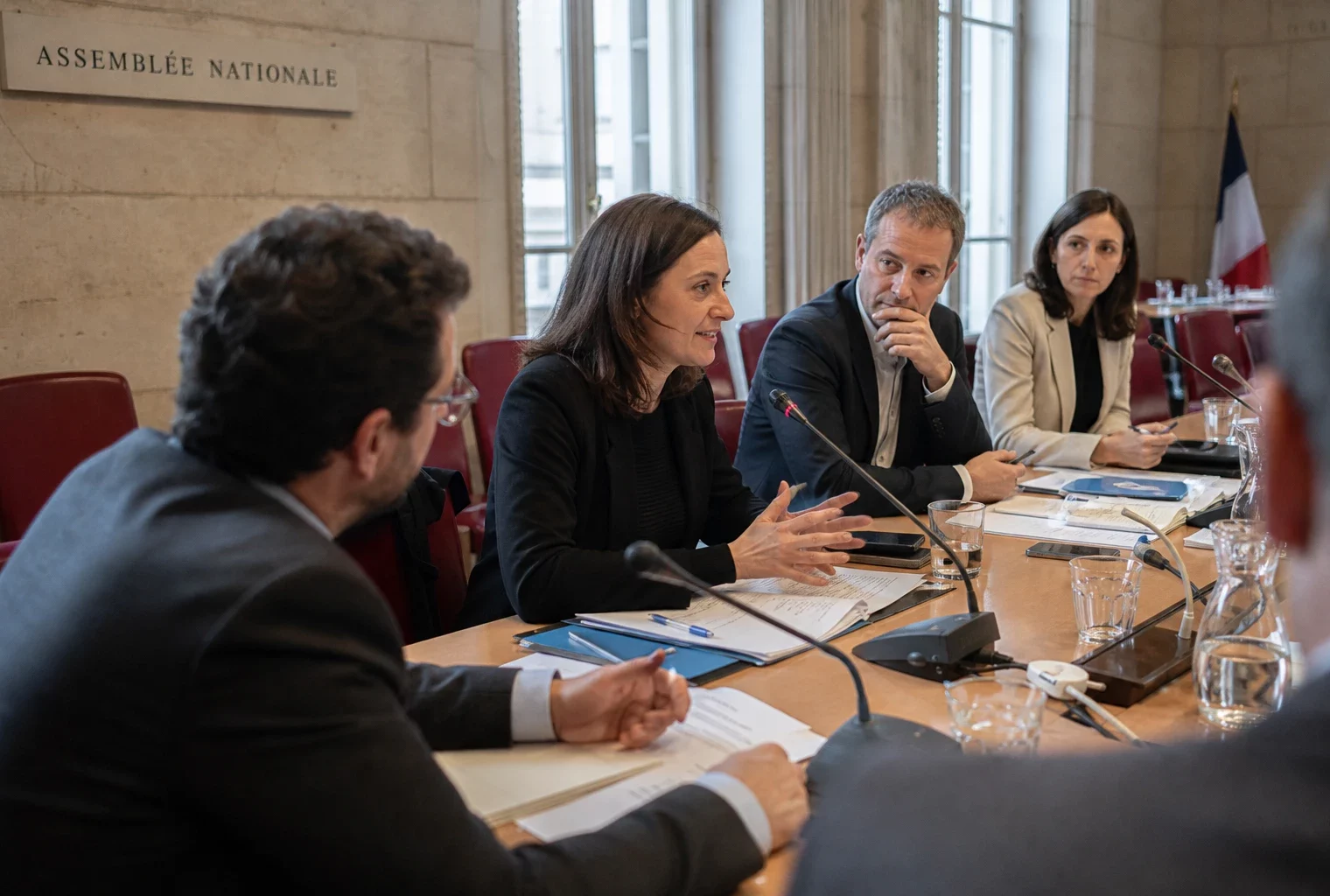 Réunion politique en commission à l’Assemblée nationale avec micros, dossiers et plusieurs personnes anonymes.