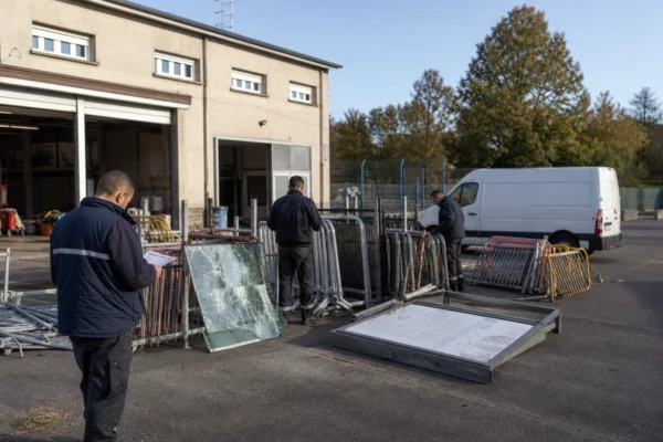 Des agents municipaux inspectent du mobilier urbain endommagé dans un dépôt technique au lever du jour.
