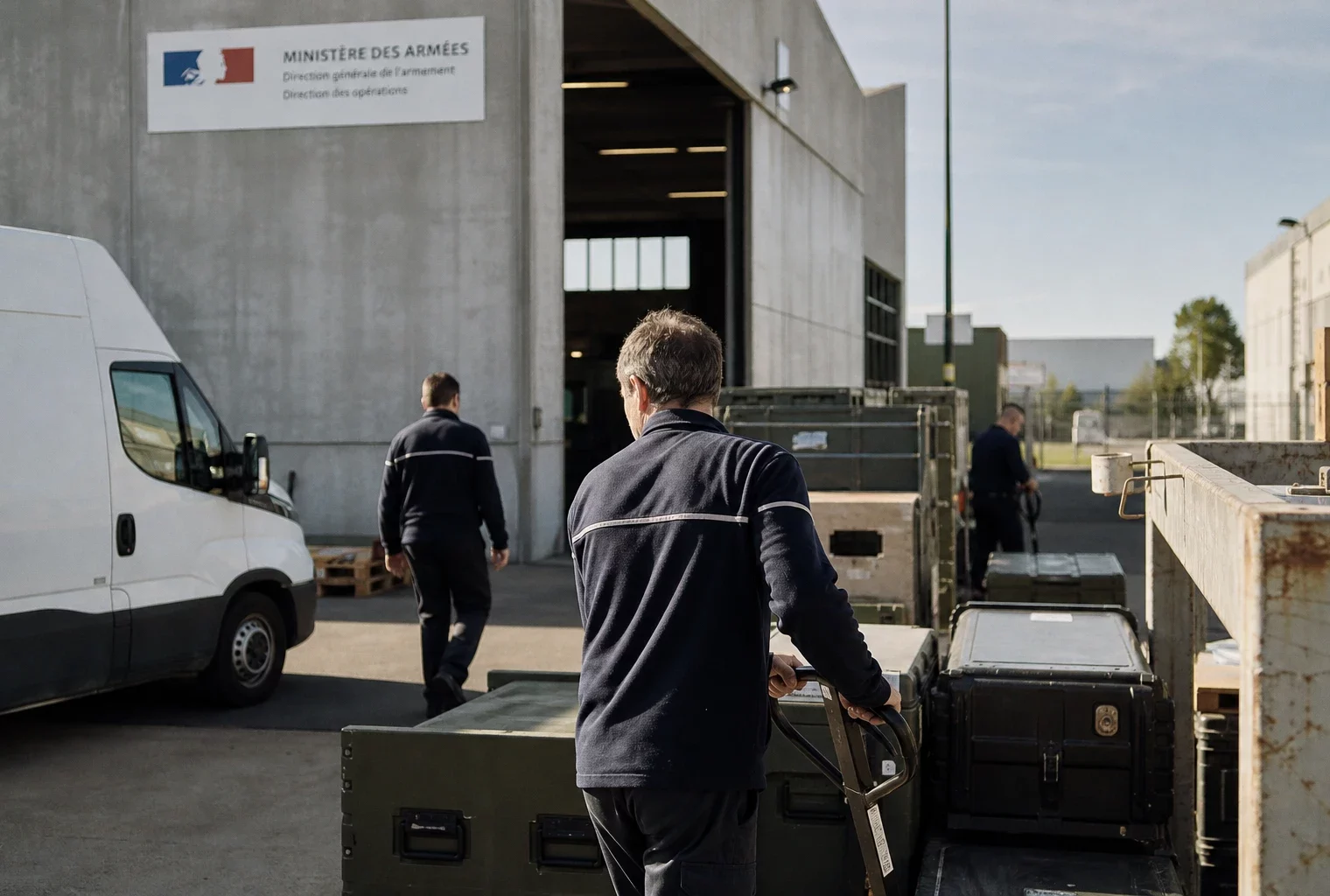 Yard of a French defense logistics site with anonymous technicians, crates, and unmarked vans in bright daylight
