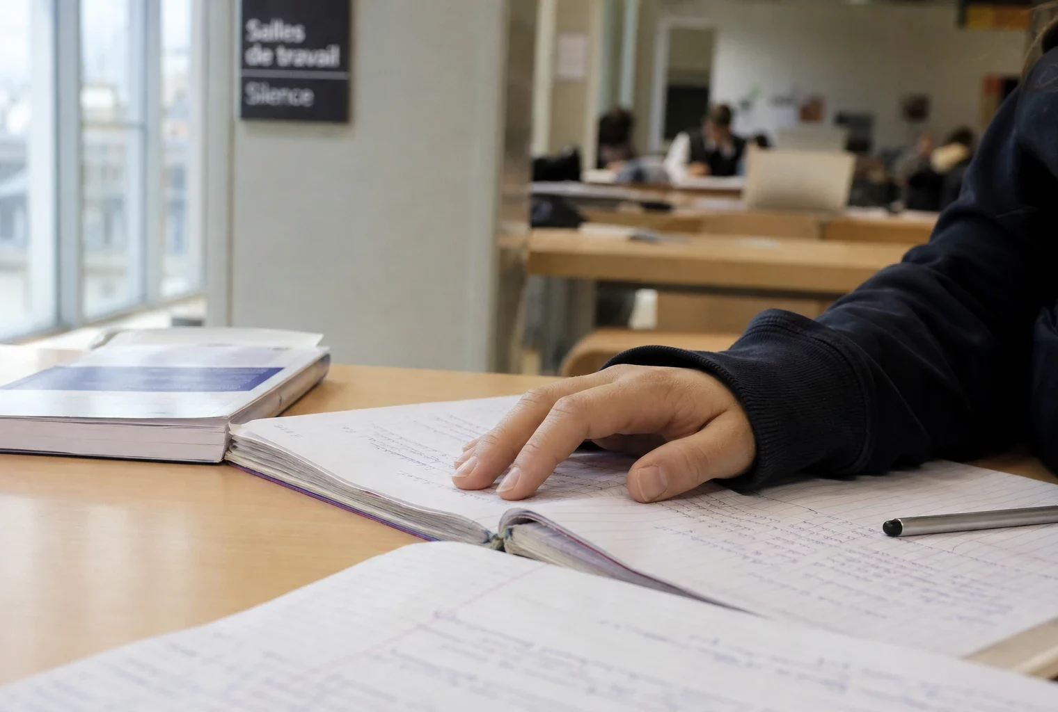 Main d’étudiant sur un cahier ouvert près d’un manuel flou dans une salle d’étude lumineuse