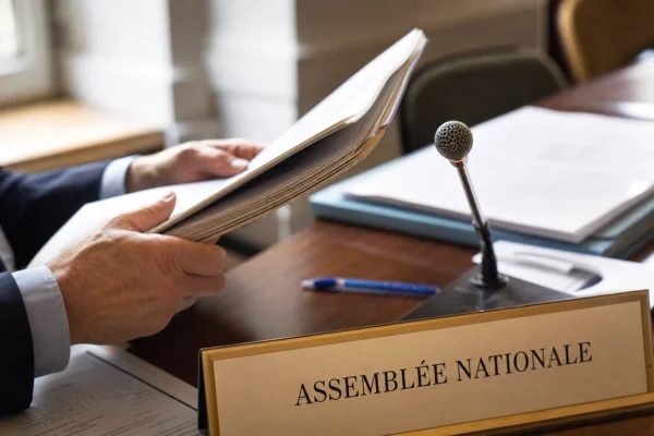 Gros plan d’un dossier et d’un micro de commission, avec des mains anonymes dans une salle d’audition lumineuse.