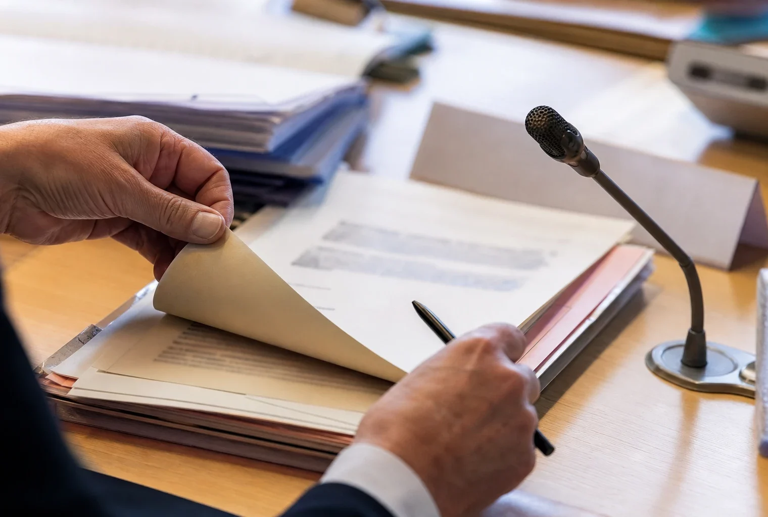 Gros plan sur un dossier d’audition parlementaire, une main tourne une page près d’un micro de commission.