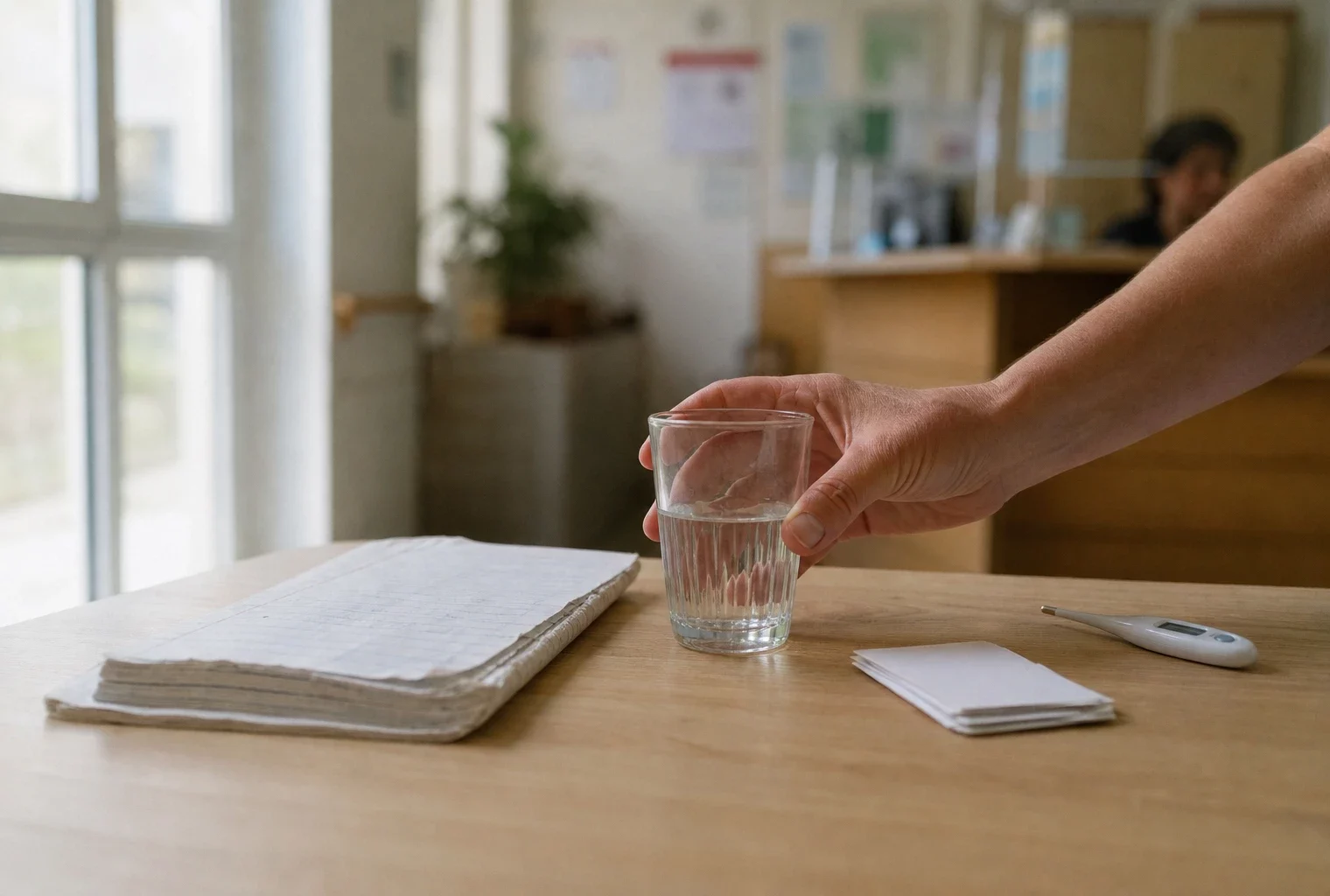 Gros plan d’une main posant un verre d’eau près d’un thermomètre dans un service public français pendant la canicule