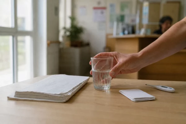 Gros plan d’une main posant un verre d’eau près d’un thermomètre dans un service public français pendant la canicule