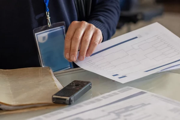 Gros plan d’une main de journaliste sur un dossier de match, avec badge presse et petit poste radio sur une table lumineuse.