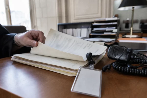 Gros plan sur un dossier de justice, un badge générique et un petit équipement radio sur un bureau éclairé par la fenêtre.