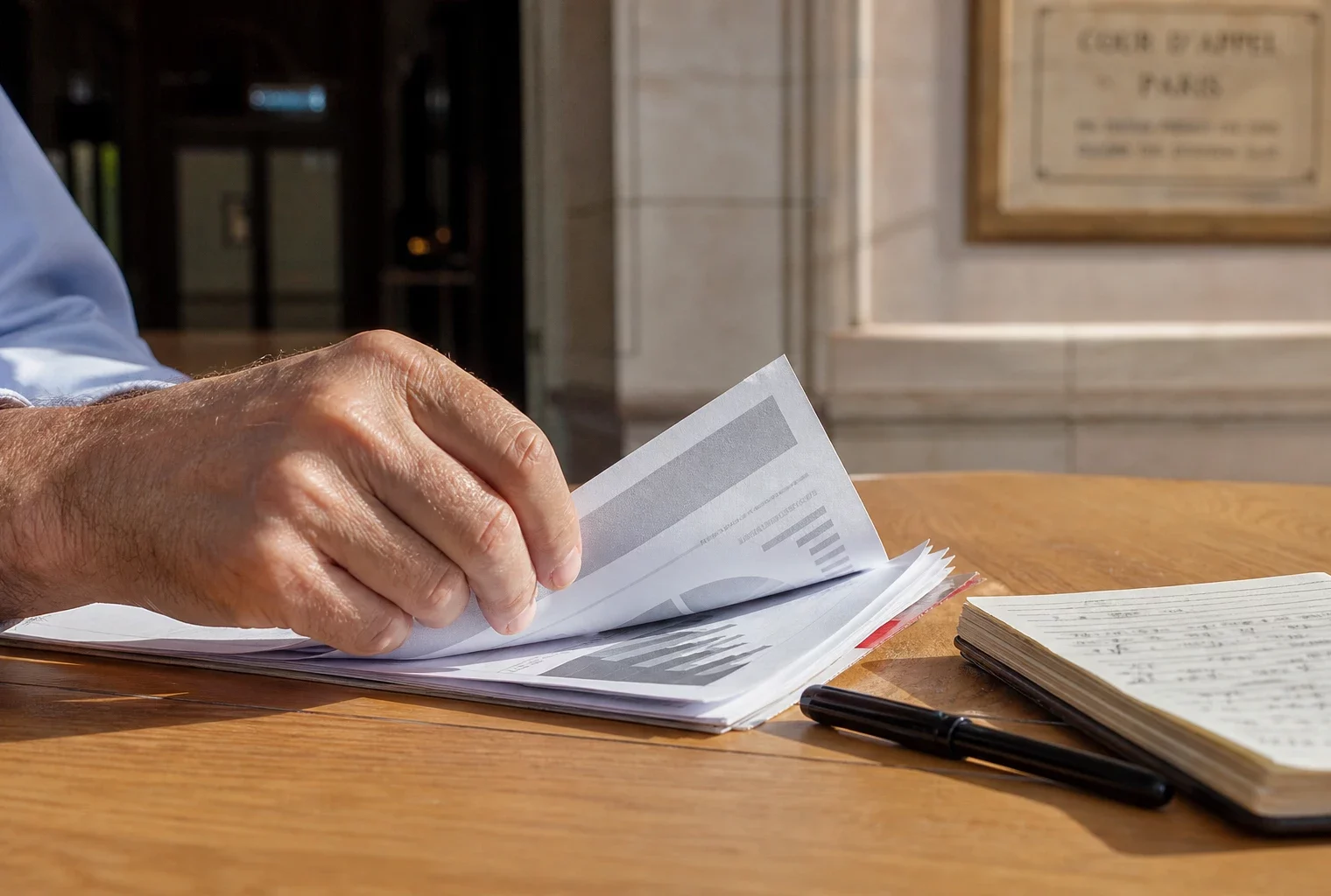Gros plan d’une main sur un dossier de sondage électoral, avec un couloir de tribunal flou en arrière-plan.