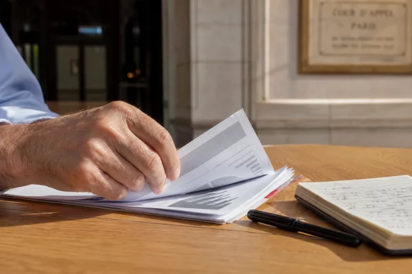 Gros plan d’une main sur un dossier de sondage électoral, avec un couloir de tribunal flou en arrière-plan.