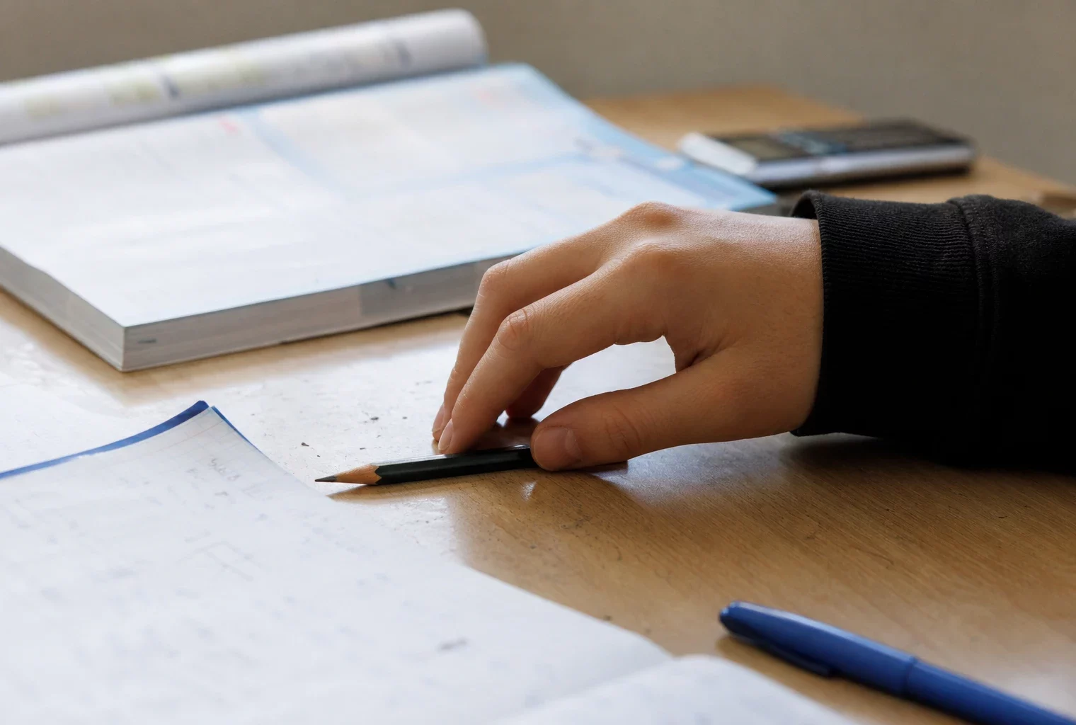 Main d’élève sur un bureau clair avec cahier de maths, stylo et manuel flou dans une salle de classe lumineuse.