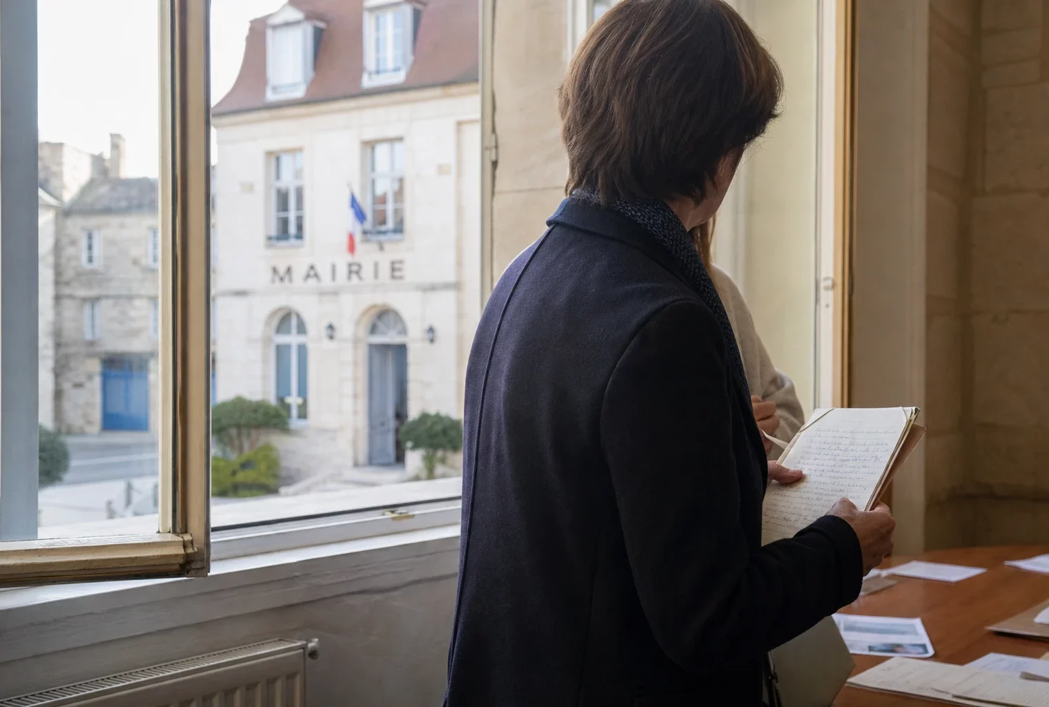 Collaborateur municipal anonyme tenant un dossier dans un couloir de mairie, avec une rue française floue en arrière-plan.