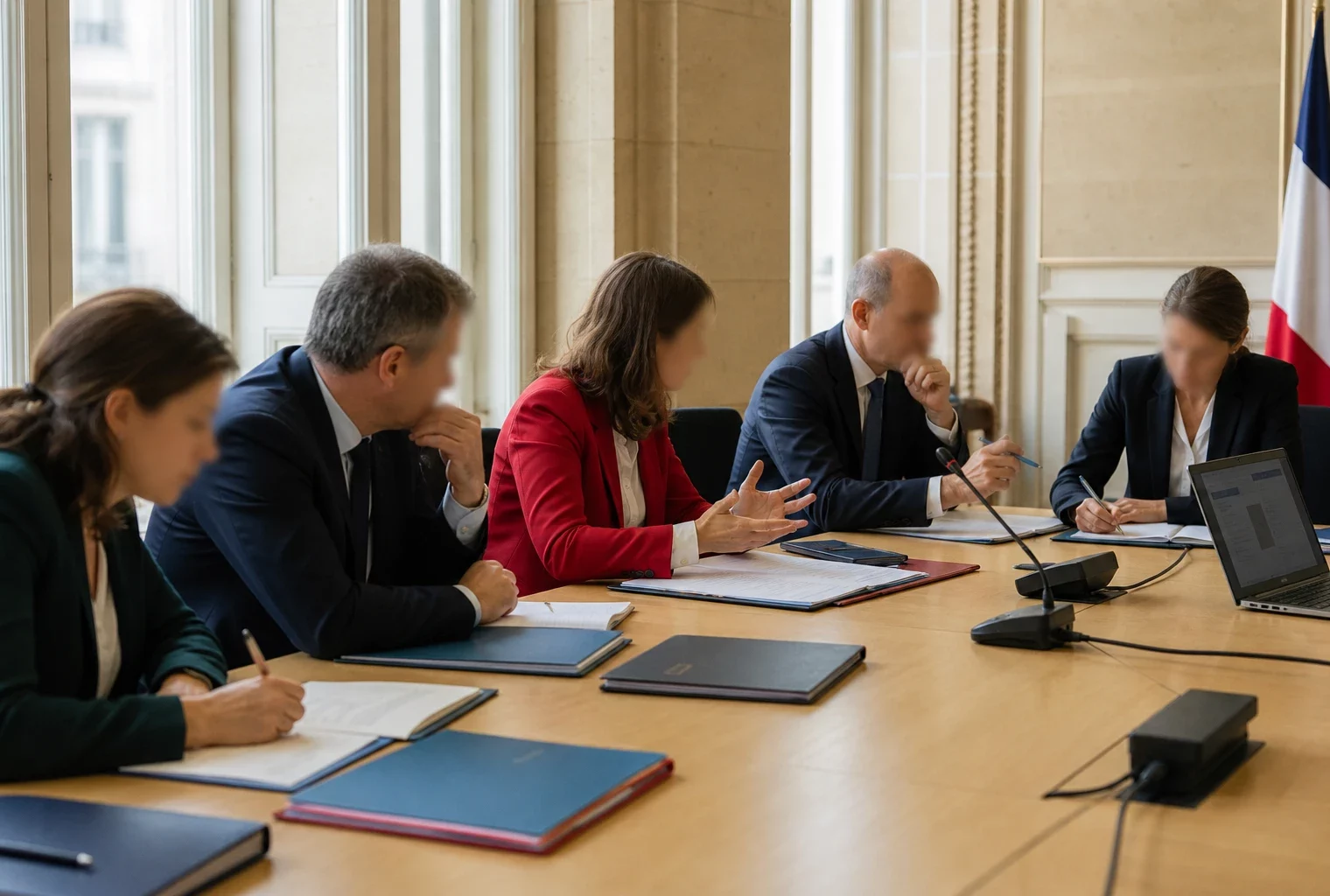 Réunion institutionnelle à Paris avec plusieurs officiels discutant d’une procédure de dissolution.
