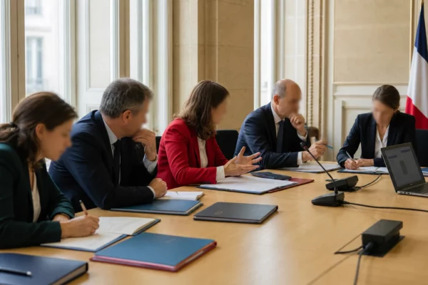 Réunion institutionnelle à Paris avec plusieurs officiels discutant d’une procédure de dissolution.