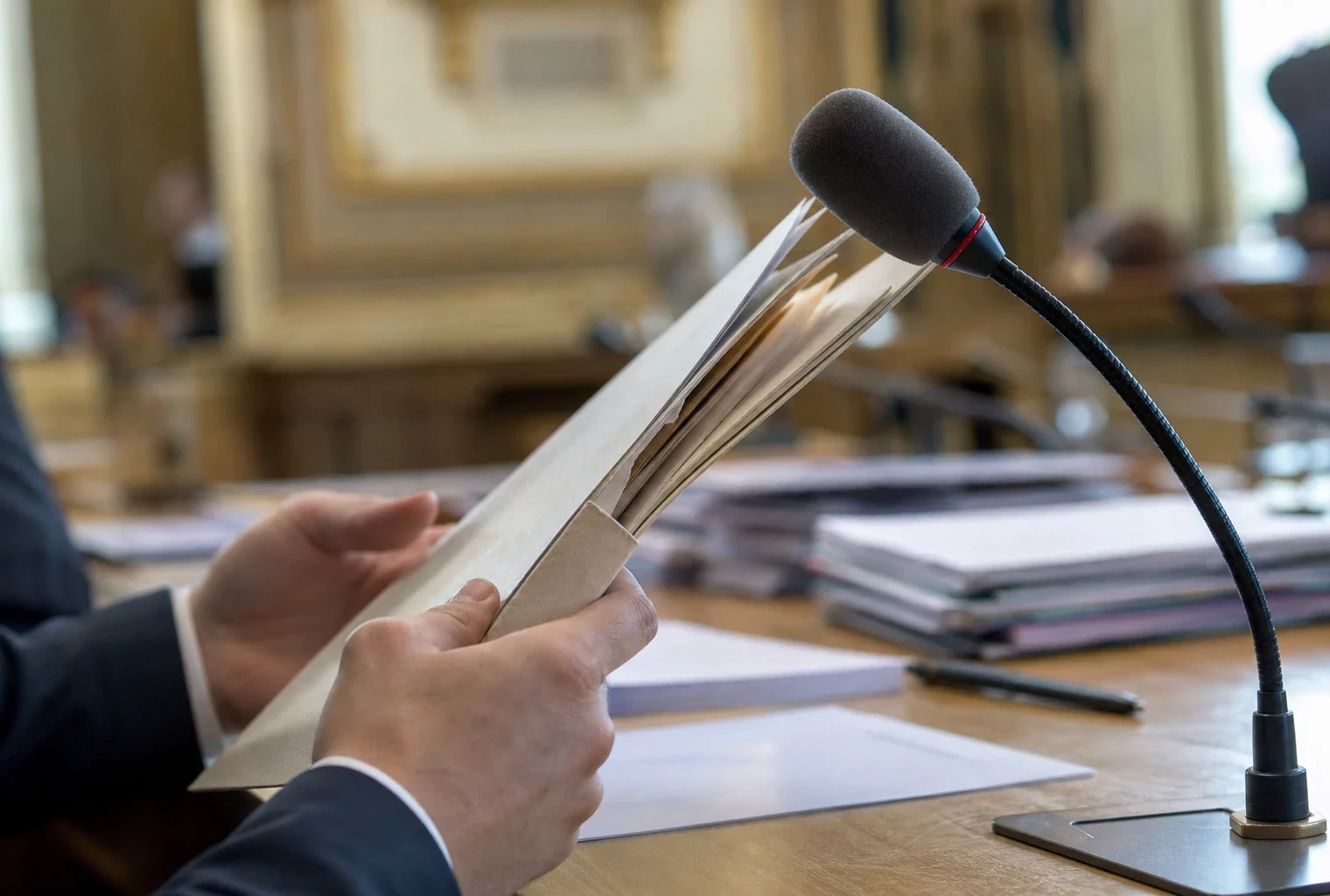Dossier d’audition au Sénat avec micro de commission et mains anonymes sur une table de travail.