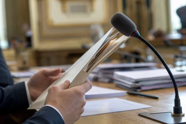 Dossier d’audition au Sénat avec micro de commission et mains anonymes sur une table de travail.