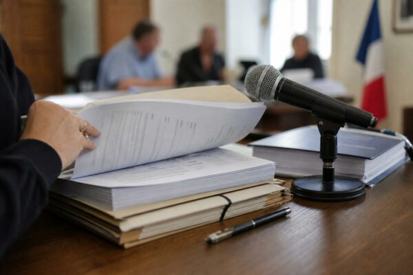 Main anonyme feuilletant un dossier de commission près d’un micro, dans une salle institutionnelle éclairée par la lumière du jour.