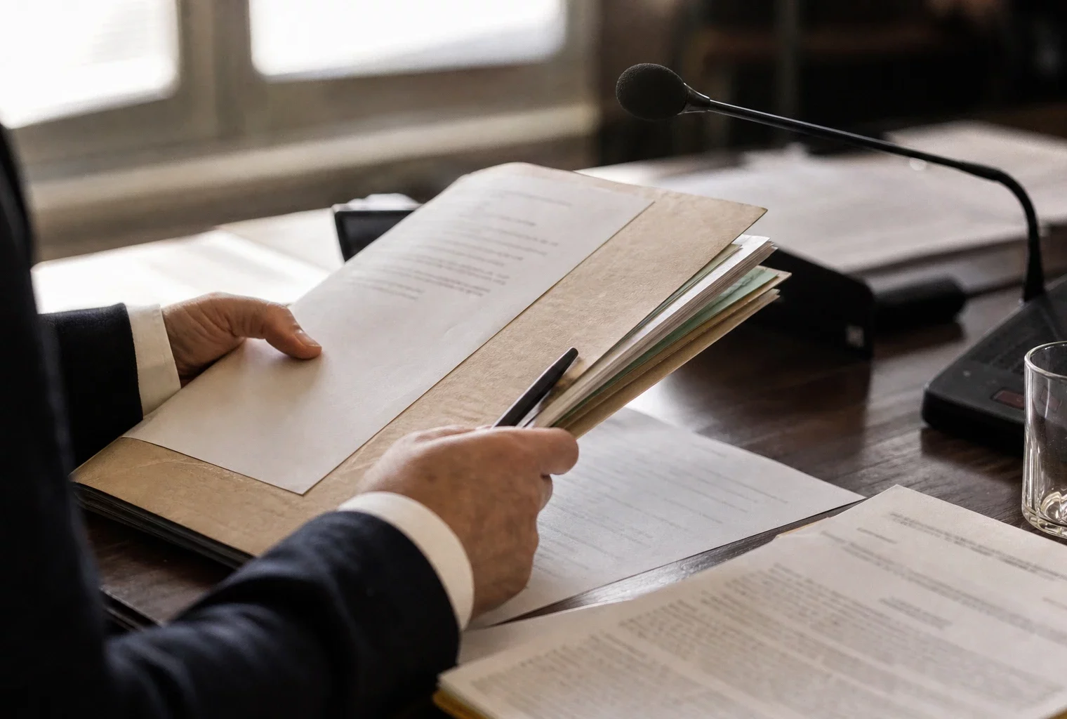 Dossier tenu à la main près d’un micro de commission, dans une scène d’audition institutionnelle à Paris.