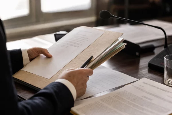 Dossier tenu à la main près d’un micro de commission, dans une scène d’audition institutionnelle à Paris.