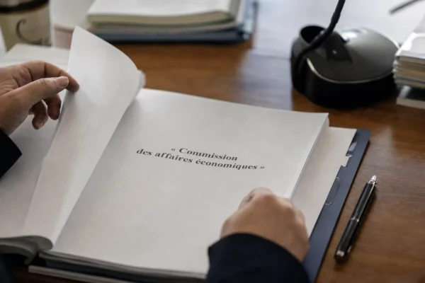 Main anonyme feuilletant un dossier d’audition devant un micro de commission dans une salle institutionnelle claire.