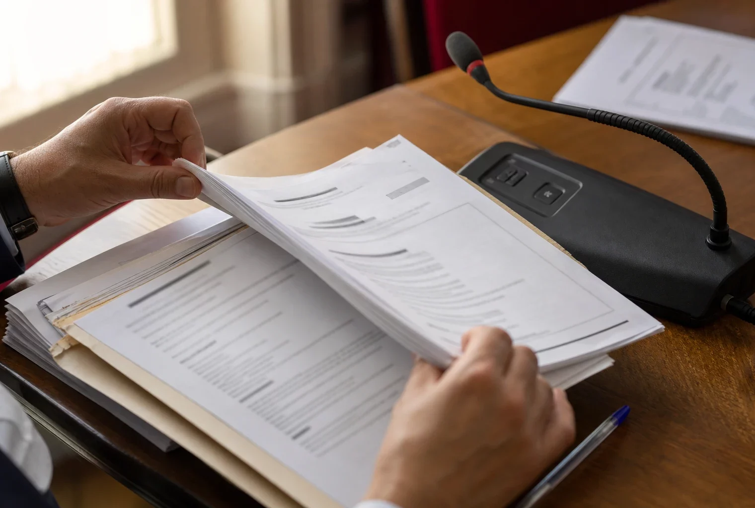Mains anonymes feuilletant un dossier d’audition au Sénat, avec un micro de commission et des papiers flous