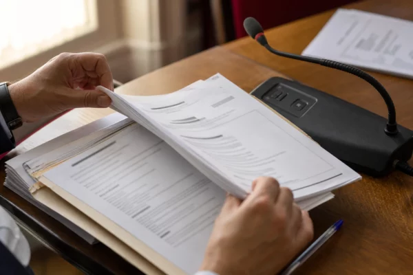 Mains anonymes feuilletant un dossier d’audition au Sénat, avec un micro de commission et des papiers flous