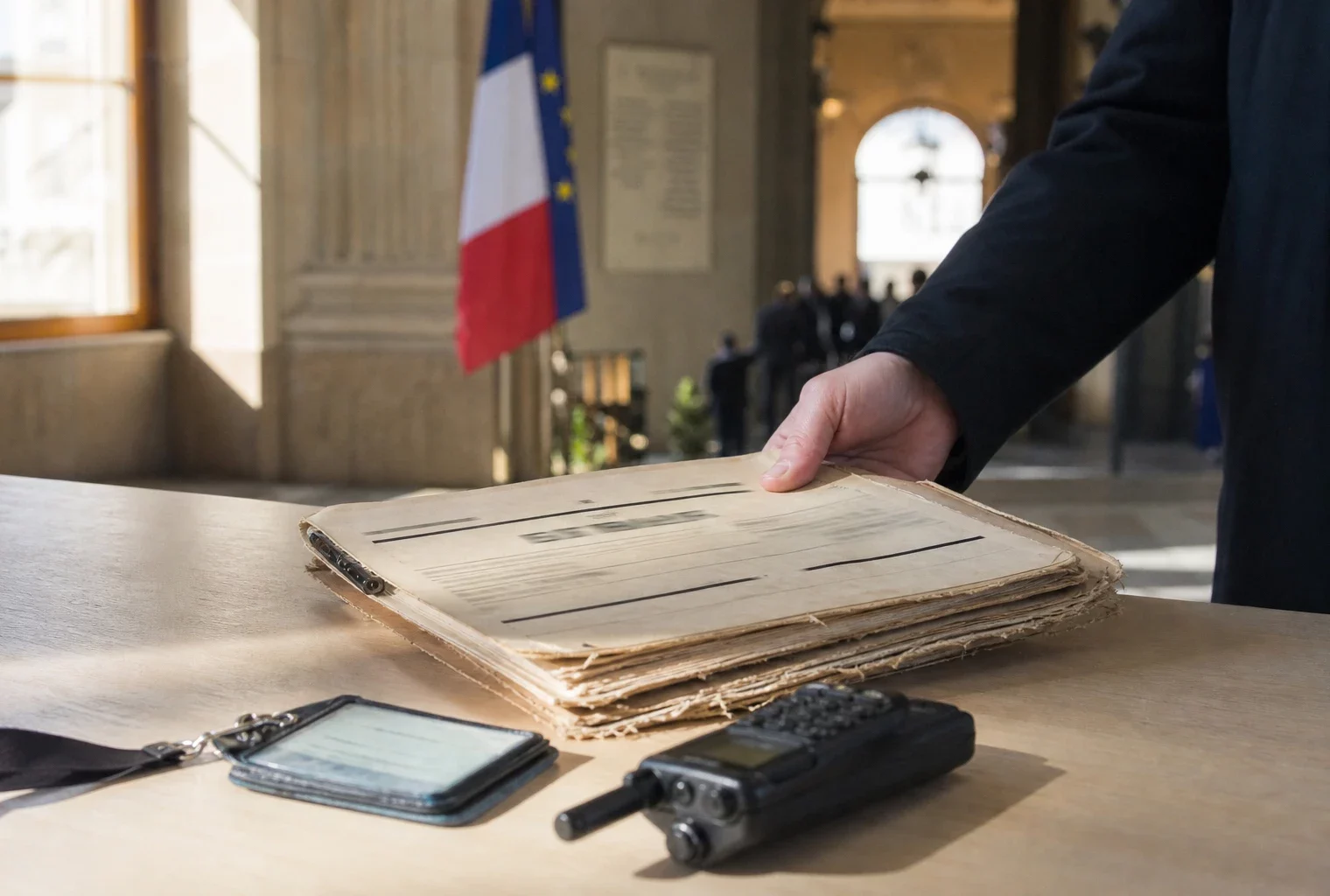 Main feuilletant un dossier d’archives avec badge presse et radio dans un couloir institutionnel lumineux.