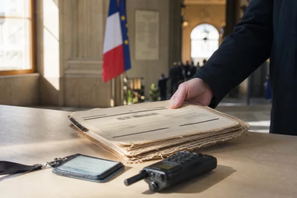 Main feuilletant un dossier d’archives avec badge presse et radio dans un couloir institutionnel lumineux.