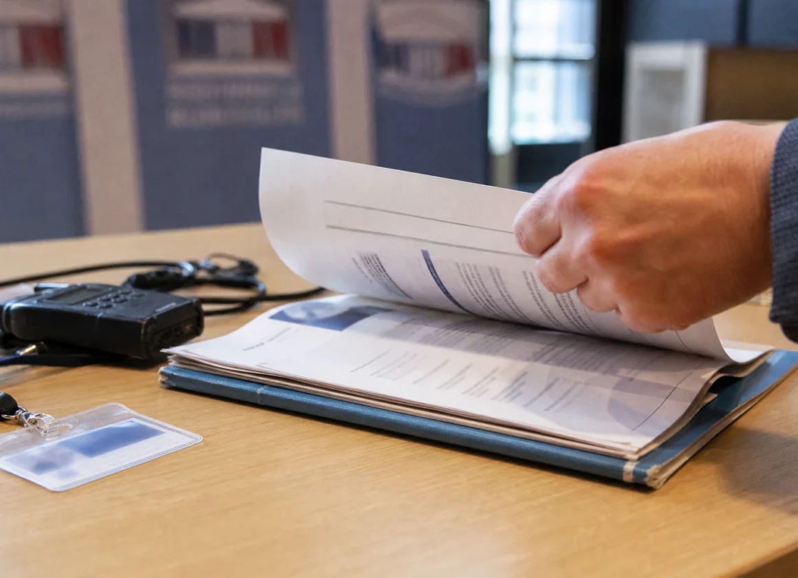 Dossier institutionnel, badge générique et radio de presse sur une table éclairée par la fenêtre, en ambiance documentaire.