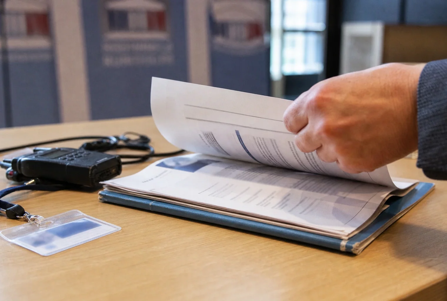 Dossier institutionnel, badge générique et radio de presse sur une table éclairée par la fenêtre, en ambiance documentaire.