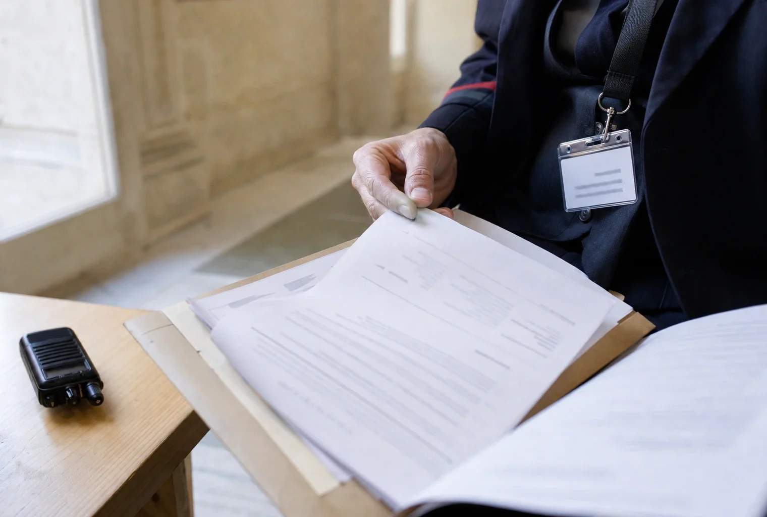 Dossier officiel, badge neutre et radio sans marque dans un couloir institutionnel français, éclairage naturel clair