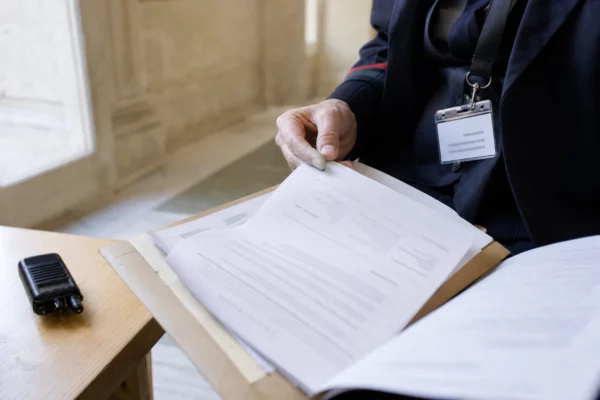 Dossier officiel, badge neutre et radio sans marque dans un couloir institutionnel français, éclairage naturel clair