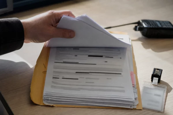 Main feuilletant un dossier d’inspection anonymisé avec badge et radio de service sur un bureau lumineux.